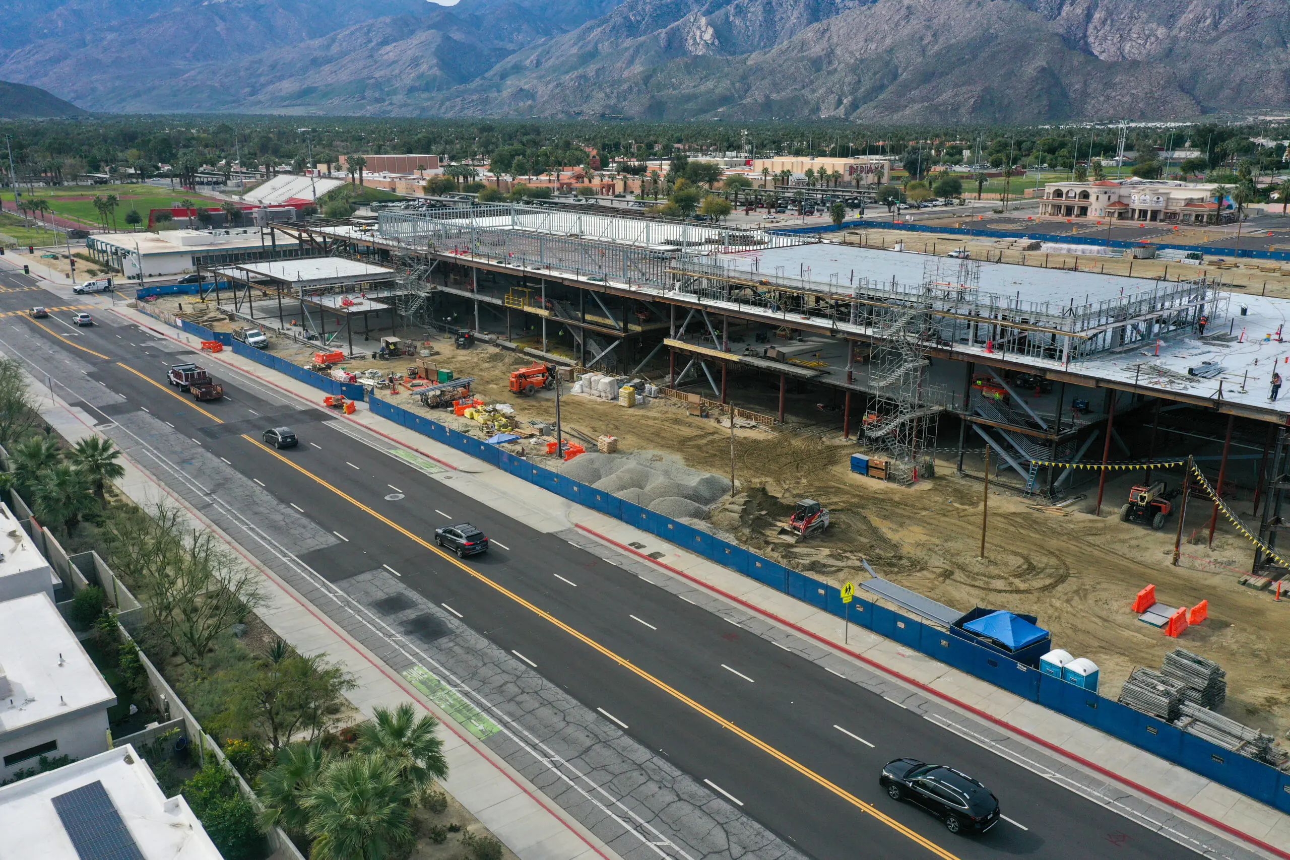 West aerial view of construction progress on the new Academic Accelerator building